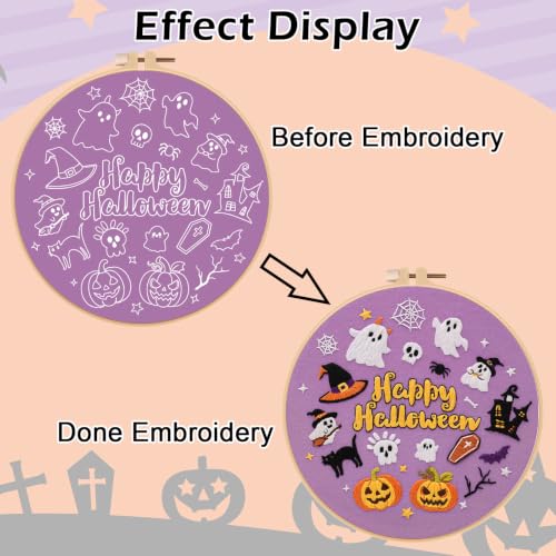 Image of Louise Maelys Halloween Pumpkin Embroidery Kit for Beginners DIY Craft | Cross Stitch Kits for Halloween Crafts, DIY Needlepoint Kit Includes Pre-Printed Fabric, Hoop, Threads, Needles and Guide