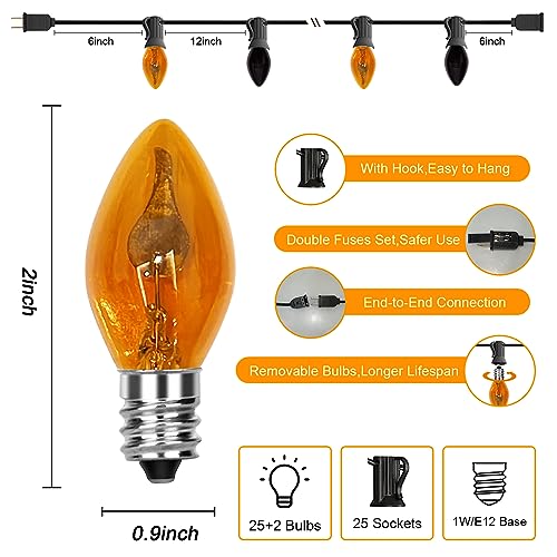 Image of 25Ft C7 Halloween Orange Purple String Lights Outdoor, Christmas Decorations Patio Light with 25 Orange /Purple Flickering Flame Lights Waterproof UL Listed for Outdoor Party Garden Bistro Roof Decor