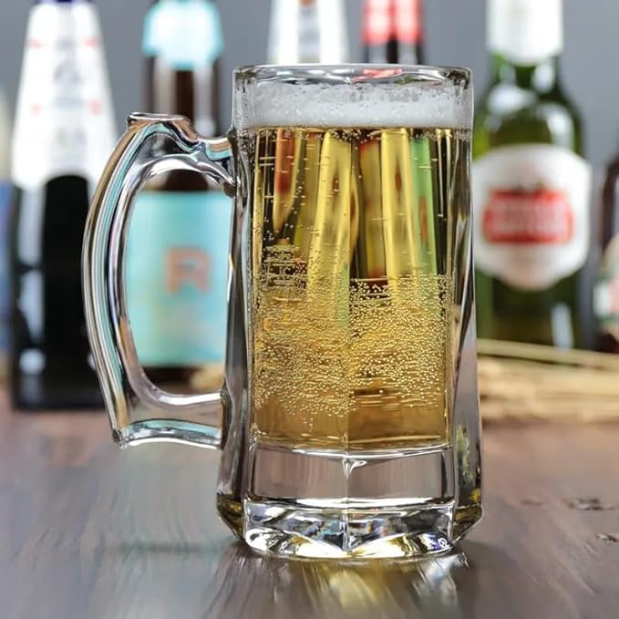 Image of PrimeWorld Italian Premium Glass Beer Mug - Set of 2 (500ml Each), Transparent | Stylish Heavy Base Beer Mugs | Dishwasher Safe | Gift for Beer Lovers