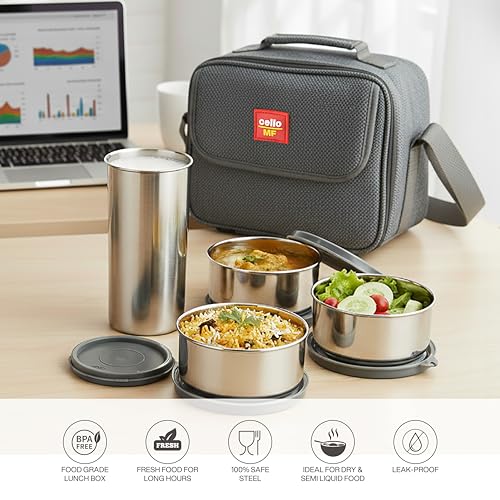 Image of CELLO MF Fab Lunch Box with Bag for Office Use, Grey | 315 ml x 4 Stainless Steel Containers with 510 ml Steel Tumbler, Airtight Leak Proof Easy to Carry with Strap Tiffin Box for Travel & Daily Use