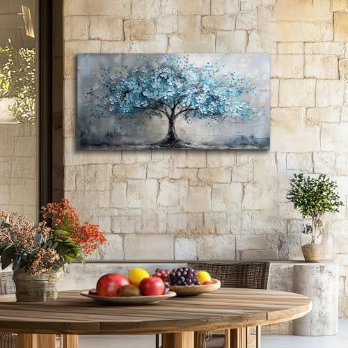 crmotu Tree of Life Large Wall Art, Cherry Blossom Canvas Oil Paintings, Abstract Blue Tree Art Prints, Teal Modern Home Wall Decor Living Room Bedroom Pictures, Neutral Office Decor Artwork 20"X40"