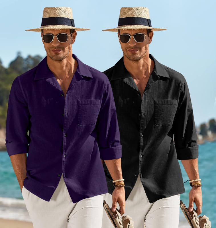Image of Combo of Men's Casual Cotton Blend Shirt || Long Sleeve Button Down with Spread Collar | Lightweight Breathable Fabric | Stylish Solid Shirt for Beach, Office & Everyday Wear Pack of 2
