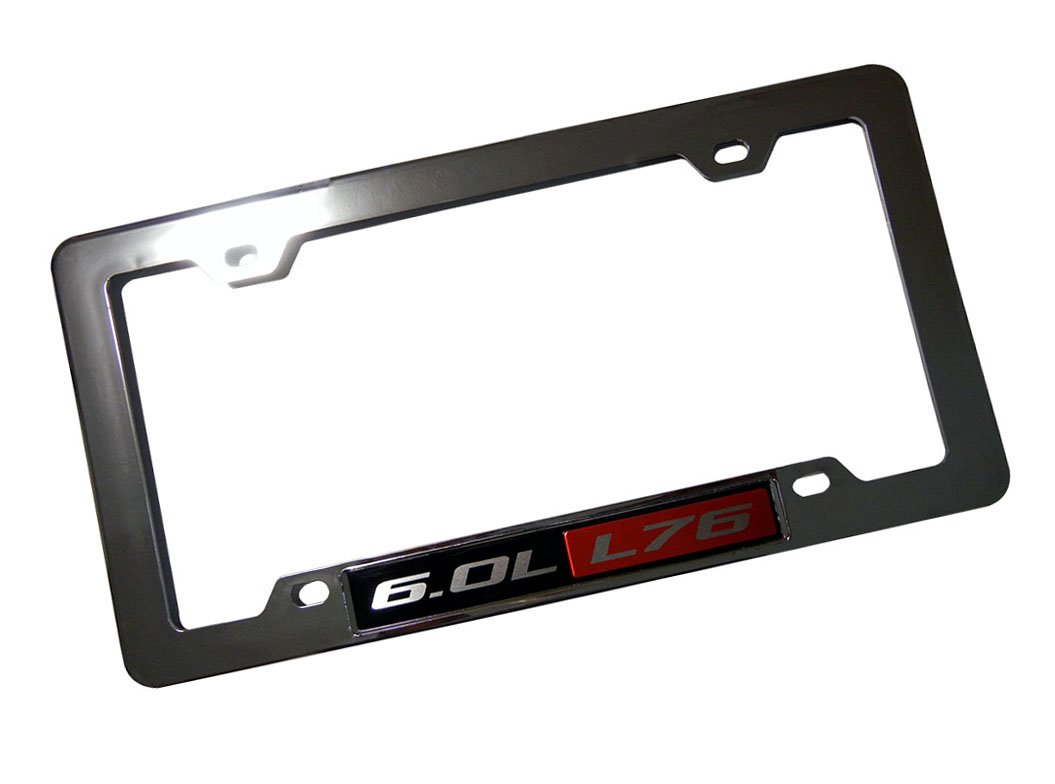 Highly Polished Chrome Plated Silver License Plate Frame with 6.0L L76 RED Black Engine Emblem Badge Nameplate Aluminum