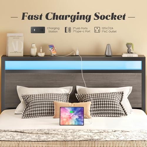 Image of Fluest Queen Bed Frame with Headboard & Footboard, Bed Frame with Built-in Charging Station & LED Light, Storage Shelf, Noise-Free, No Box Spring Needed, Easy Assembly, Rustic Grey