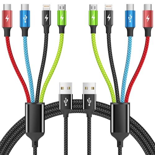 Firsting Cruise Essentials 2026 4 in 1 Multi Charging Cable [2Pack 5FT], Tangle Free USB C Car Charger Cable Nylon Braided with 2 USB-C/IP/Micro, Travel Charging Cords for iPhone Android iPad and More