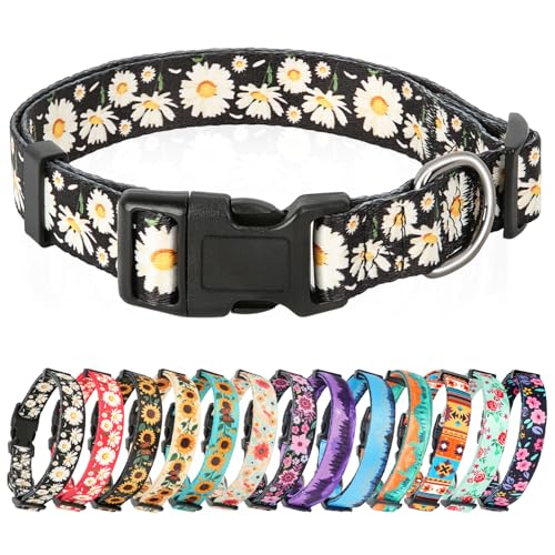 Image of HEELE Dog Collar, Adjustable Soft Dog Collar for Small Medium Large Dogs,Daisy Floral Patterned Puppy Collars with Quick Release Buckle Daisy Black L Length 15.94''-25.59'