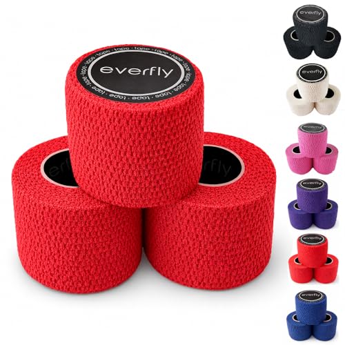 EVERFLY Tape Crossfit - Set 3 Rollos 5cm x 4,5m - Esparadrapo Deportivo - Pulgares y Dedos - Cinta Cohesiva Tela Autoadhesivas Flexible Protectora - Adhesivo para Pesas - Vendas Halterofilia (3, Rojo)