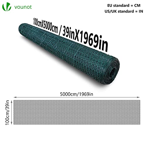 VOUNOT® Maschendrahtzaun Sechseckgeflecht, Drahtzaun Hasendraht Kaninchendraht Hühnerdraht, Maschenweite 25 mm, Höhe 100 cm, Länge 50 m, PVC-Beschichtet Grün