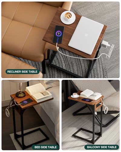 Image of C-Shaped Side Table for Couch - Small Coffee Stand Sofa Tray Desk with Metal Frame Waterproof Scratch Resistant Wood Top and Built-in Charging Station, Rustic Walnut