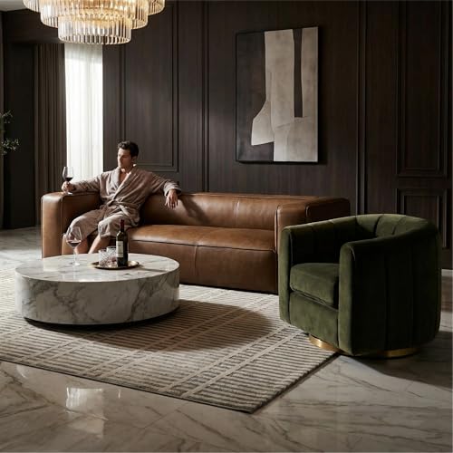 Image of 2026 New Luxury Curved Leather Sofa and Swivel Chair Set, 92.5 inch, Velvet | 2026 New Luxury Curved Leather Sofa and Swivel Chair Set, Tan Leather Sofa with Green Velvet Swivel Barrel Chair
