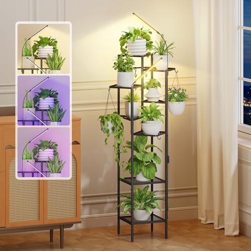 Image of Quikraen 8-Tier Black Plant Stand with Grow Lights, 58.5 inch Tall Ultra-Narrow Corner Plant Shelf with 2-Head LED Grow Light & Hanging Hooks, Space-Saving Metal Flower Pot Holder Rack for Indoor Plants, Patio, Balcony