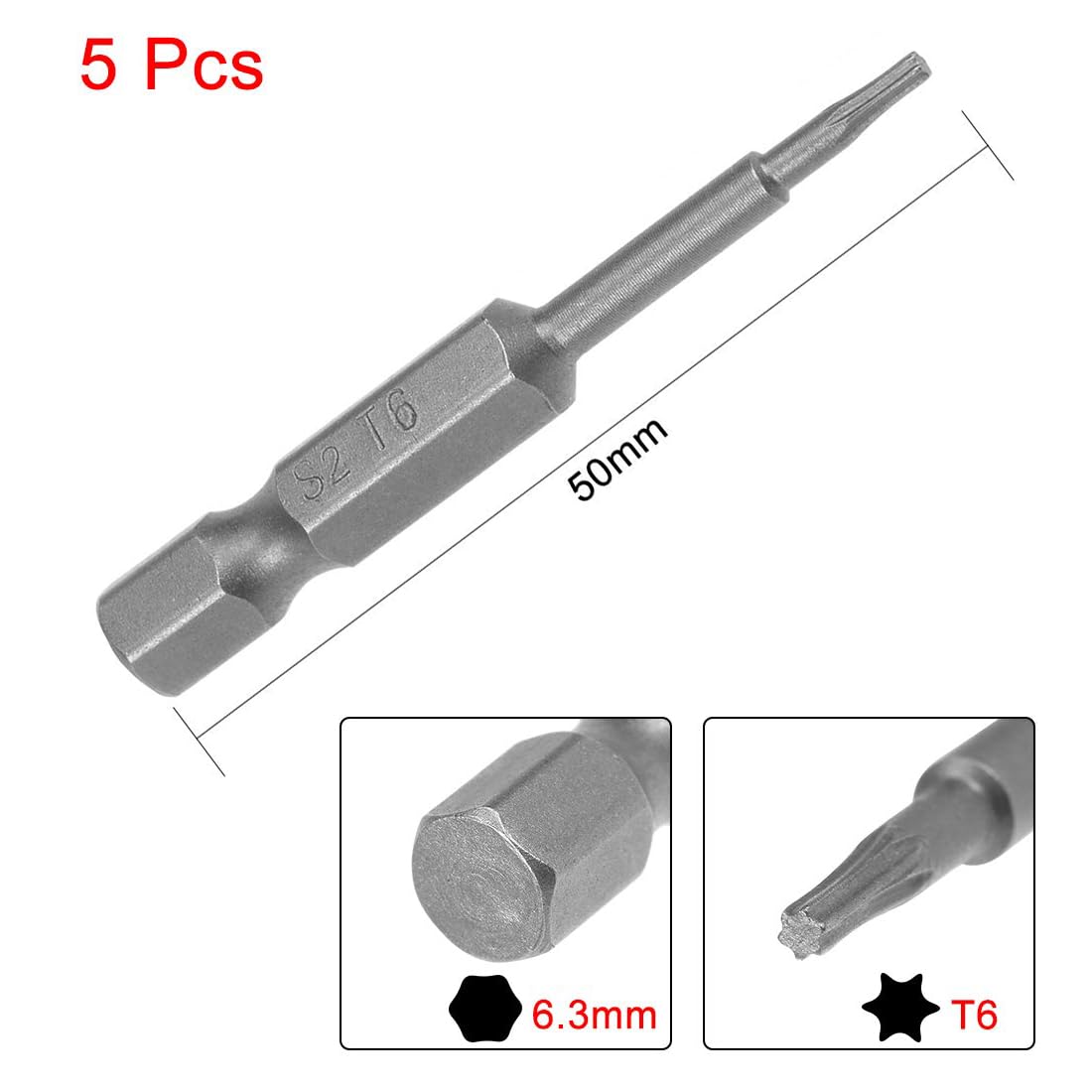 TA-VIGOR 5Pcs T6 Torx Head Screwdriver Bits 1/4 Inch Hex Shank - Image 2