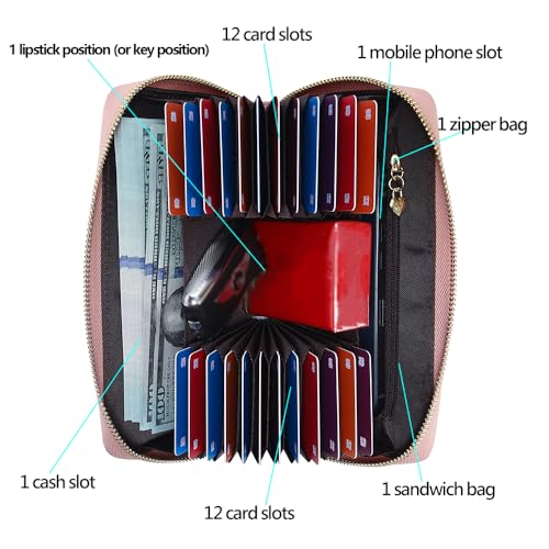 Fashionable long RFID leather women's wallet, large capacity multi slot phone case, zipper closure, detachable wrist strap, hand-held wallet (Pink)2