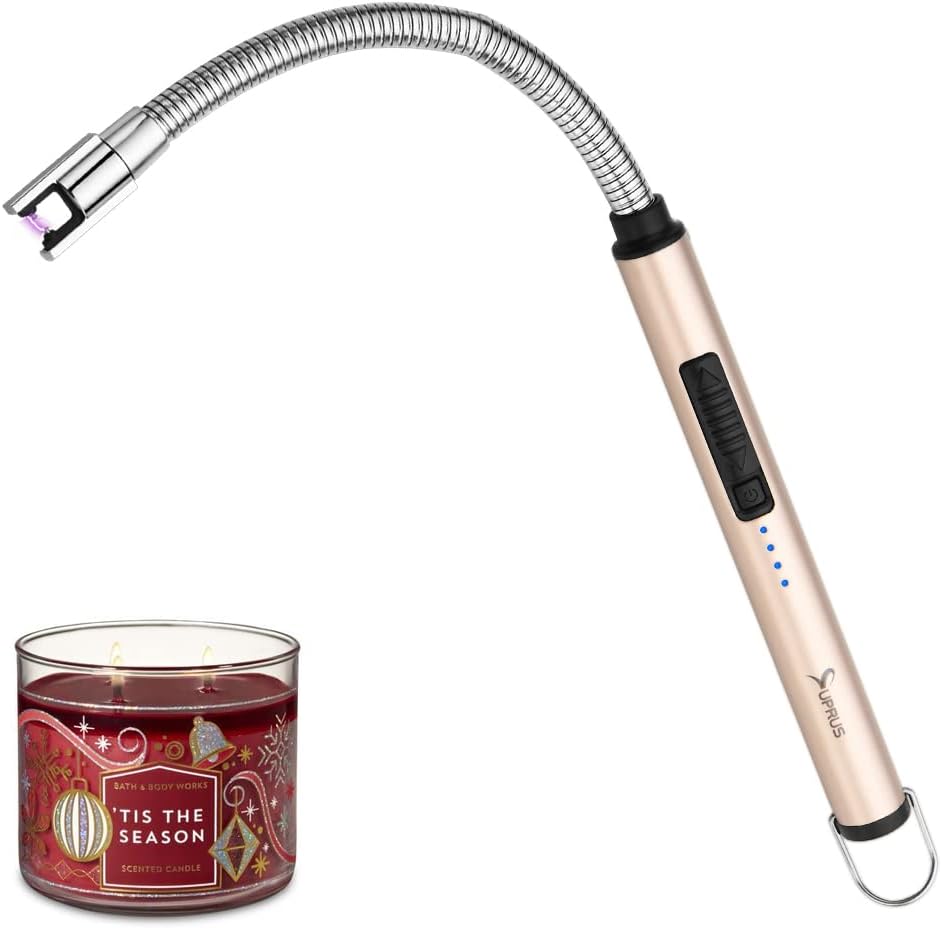 Candle Rechargeable Electric Arc Lighter Stainless Steel Housing & Hanging Hook with 360° Flexible Neck (Champagne Gold)