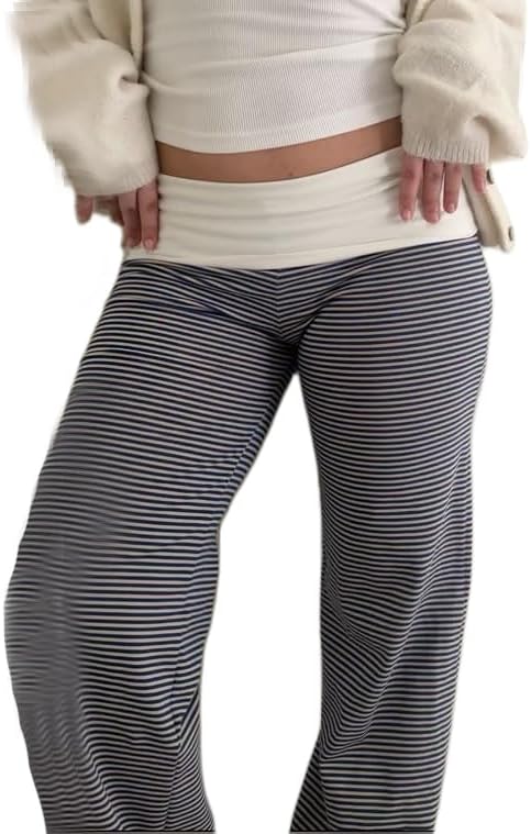Women Y2k Fold Over Yoga Pants Colour Block Straight Leg Bottoms Low Rise Stretchy Lounge Trousers