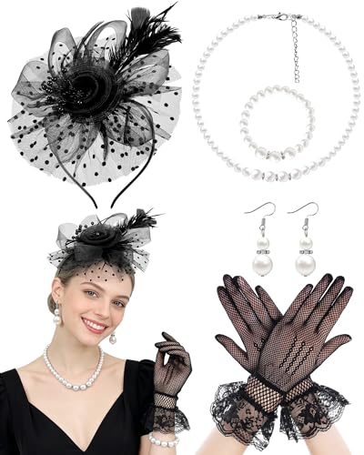 Bniksok Black Tea Party Hats Lace Gloves Set for Women Veil Mesh Fascinators Hat with Feather Headband 1920s