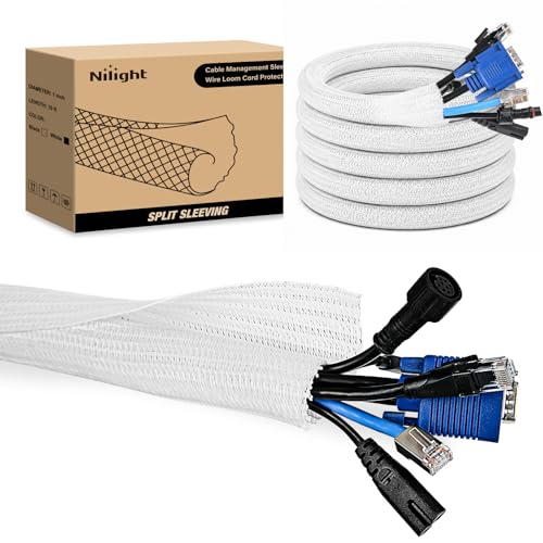 Image of Nilight Cable Sleeve, 10ft-1inch Cord Management Sleeves White Wire Loom | Braided Sleeving, Split Self Wrapping Wire Loom for Computer Electrical Automotive Harness Protector Organizer, White