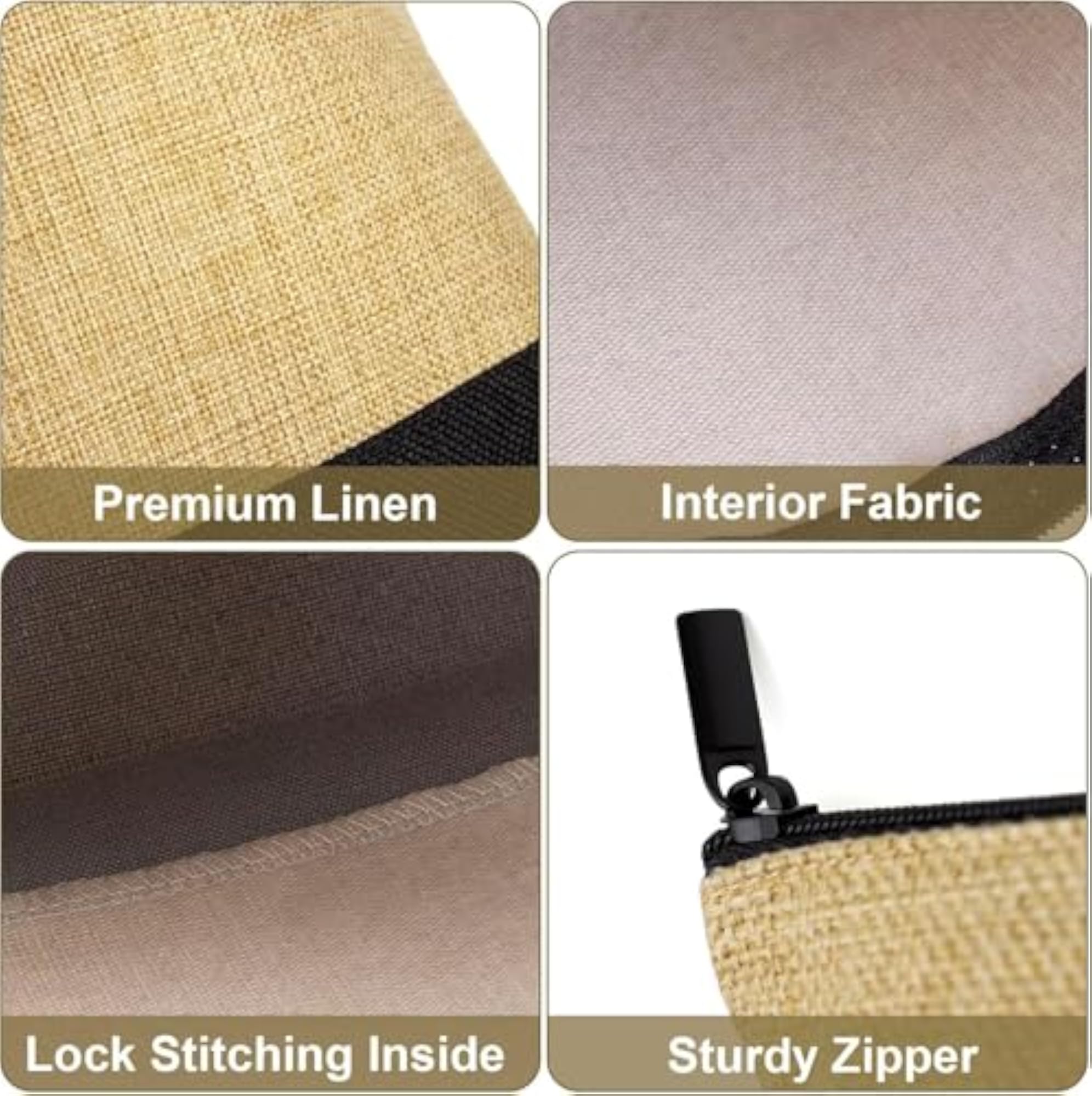 6 Pack Jute Makeup Bag with Zipper, Beige and Black