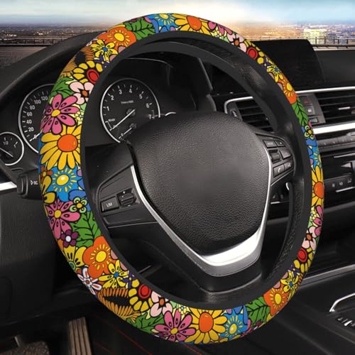 Hippie Flower Neoprene Steering Wheel Cover for Men Women Anti-Slip Elastic Steering Wheel Protective Cover 15in Universal Car Accessories Fit Cars, SUVs, Auto