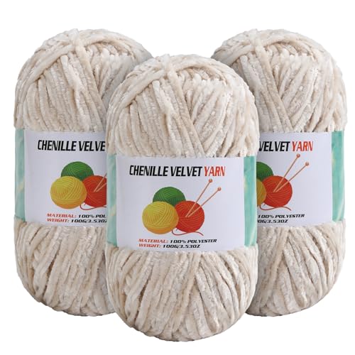 Image of 3 * 100g Velvet Chenille Chunky Yarn for Crocheting, Handcrafts Weaving Soft Chenille Yarn for Crocheting Clearance, Used for Making Baby Yarns Blanket, Clothes, Knitting Creations (Milk White)