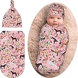 Horse Baby Stuff Gift for Girls Horse Baby Swaddle Blanket Beanie Set, Soft and Stretchy Pink Baby Blanket Newborn Swaddle Sack for Baby Shower