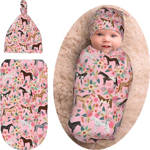 Image of Horse Baby Gift for Girls - Soft Pink Swaddle Blanket & Beanie Set, Newborn Swaddle Sack for Baby Shower