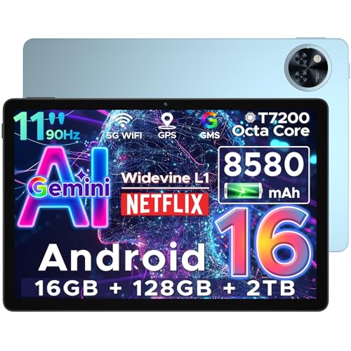 DOOGEE U11 Android 16 Tablet 11 Pulgadas, 16GB RAM+128GB ROM/2TB TF Tableta para Niños, Batería 8580 mAh, HD 90Hz, 13MP+5 MP/WiFi 5G/Face ID/Widevine L1/GMS/GPS/OTG/Audio 3.5mm Jack Tablets Gaming