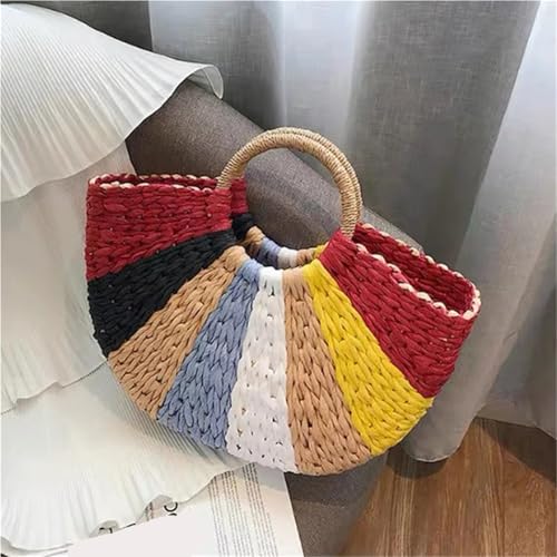 Ladies Straw Handbag Women Straw Handbags Woman Handmade Woven Basket Rattan Handbag for Femme Ladies Simple All-Match Handbag for Beach，Holiday(Black)4