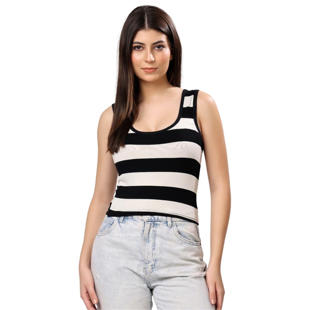 aryan hosiery Stylish Striped Crop Top for Women | Sleeveless Round Neck Casual Tank Top – Black & White-picture-14