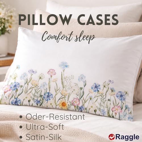 Image of RAGGLE Satin Silk Pillowcase for Hair and Skin Standard Size 18 inchX 28 inch with Soft Breathable Smooth Cooling Pillow Covers for Sleeping or Pillow Protector (2, Cream Printed)