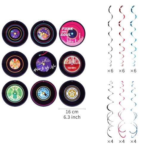 Image of Rock and Roll Record Party Hanging Swirls, 48 Pcs, Music Theme Disco Party Decorations, Vinyl Record Design for 90s Or 50s Style Rock Music Dj Party Supplies, Black and Multicolor