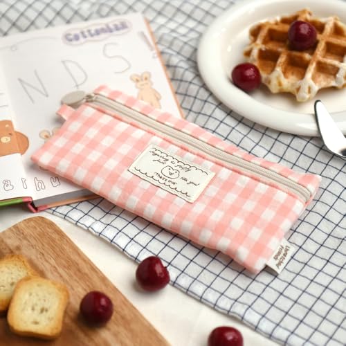 Image of Monolike Unmatched Friends Fabric Check Pencil Case, Pink - Pencil Pouch, Portable Pencil Bag, Pencil Case, Office Pouch case, Fabric, Cushion, Soft, Pastel