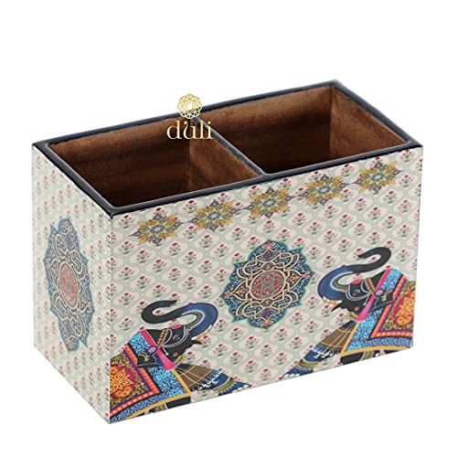 Image of DULI Engineered Wood Multipurpose Stand, Cutlery Holder, Spoon Stand, Table Organizer With 2 Sections, Chammach Stand (10Cm X 15Cm, 2Elephants, Utensils, (Multicolor))
