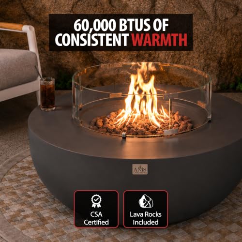 Image of AMS Creations | Eclipse 44 inch Bundle Round Cast Concrete Natural Gas Fire Pit Bowl Table | Dark Gray | Smooth Texture Surface | Electronic Ignition | Outdoor Patio Heater Outside Backyard Fireplace