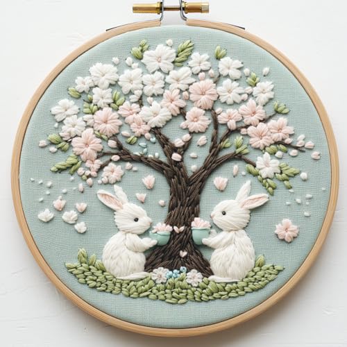 Image of Punch Needle Kit for Beginners, Punch Stitching Kit for Adults, Needle Punch Kits for Adults, Two Rabbits Under The Tree DIY Embroidery Set