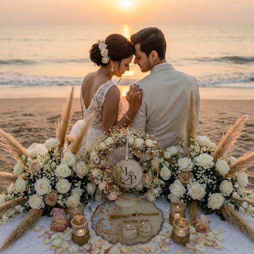 Image of THE BRIDE MADE Personalized Engagement Ring Platter with Name | Resin Ring Holder for Engagement | Custom Wedding Ring Plate with Dry Flowers & Gold Loop | Bride Groom Name Plate 10x10x10 inch