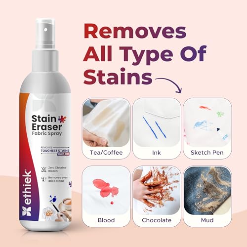 Image of Ethiek Fabric Stain Eraser Spray | Tough Stain Remover for Clothes | Removes Food, Oil, Ink & Coffee Stains | Colour-Safe Formula, 75 mlX2 (Pack of 2)