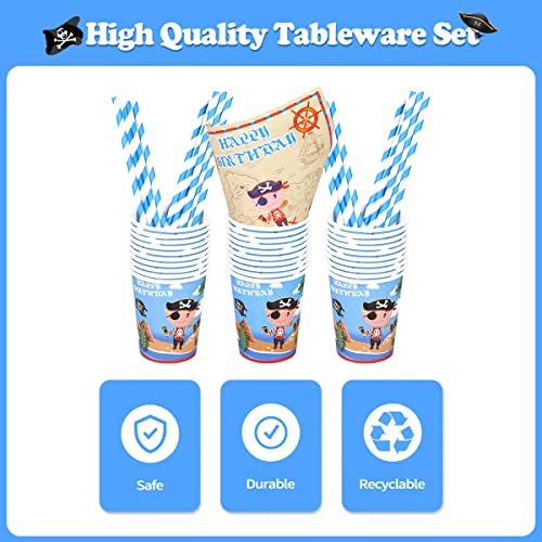 125PCS Pirate Décoration Anniversaire Vaisselles pour 25 Invités, Assiettes, Serviettes, Pailles,Gobelets en Carton… - Image 6