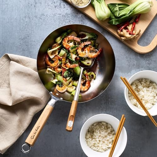 Sur La Table 12" Carbon-Steel Wok, Flat Bottom Pan for High-Heat Cooking – Ideal for Deep-Frying, Steaming, and Stir-Frying– Lightweight, Fast Heating - Thumbnail 5