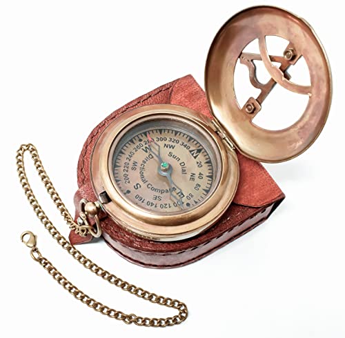 A S Handicrafts Brass Sundial Compass With Leather Case And Chain - Push Open Mechanism Vintage Steampunk Accessory - Antiquated Finish Pocket Compass #TOP5