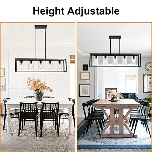 Image of Farmhouse Chandeliers Rectangle Black 5 Light Dining Room Lighting Fixtures Hanging, Kitchen Island Cage Pendant Lights Contemporary Modern Ceiling Light with Glass Shade Adjustable Rods