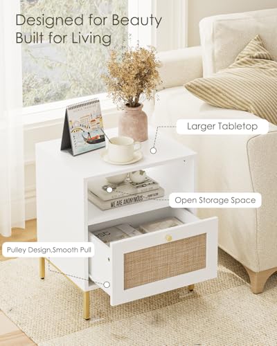 Image of Extra Large Nightstand Rattan Night Stand, Modern Side Table Boho Farmhouse Wood Bedside Table with Storage Drawer and Open Shelf,Large End Table for Bedroom,Living Room,Office(White)