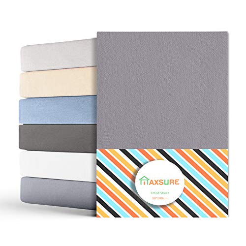 Maxsure Sábana Bajera Ajustable, 100% Algodón Peinado, Tela Transpirable, Suave y Cómoda, 90 x 200 cm, con Banda Elástica, Adecuada para Un Colchón con Una Altura de 20 cm, Gris Claro