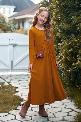 Image of Arshiner Girls Maxi Dress Long /Short Sleeve Casual Holiday Dress with Pockets for 5-13 Years