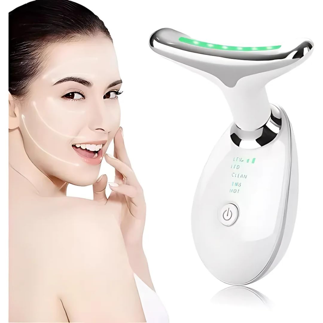 Masajeador Facial 7 en 1 - Masajeador Facial Antiarrugas Calentable 45°C con 7 Colores de Luz Led EMS| Masaje Facial con 3 Modos de Radiofrecuencia | Guasa Reafirmante para la Piel, Blanco