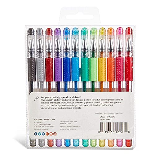 Image of KINGART 400-12 Glitter Rollerball Gel Pens, 12 Sparkling Colors with Soft-Grip Comfort, XL Ink Cartridge - More Ink, Great for All Ages, Writing, Coloring, Doodling, Scrapbooking, Journaling & More