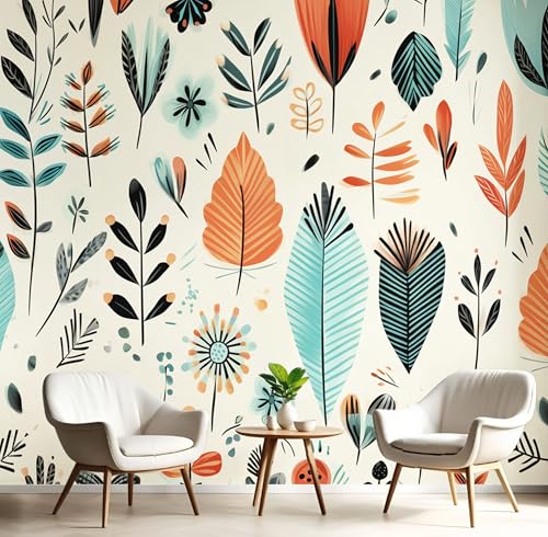 Papel Pintado 450x315cm Fotográfico Hojas Dibujadas A Mano Papel de Pared XXL Estilo Escandinavo Póster Gigante de Mural Decoración De Pared para Sala Cuarto Oficina Salón, Crema