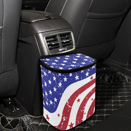 Image of Talayituse Retro American Flag Print Car Trash Bin, Large Size Auto Trash Can Adjustable Portable Garbage Can with Lid, 4th of July Decor Vehicle Hanging Bag for Headrest Front Back Seat