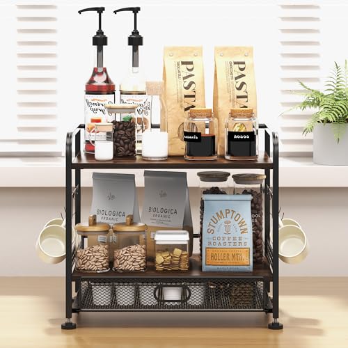 IBEDMAZIE 2-Tier Metal and Wood Coffee Bar Organizer w/ Sliding Drawer and Mug Hooks (Black) 19.95 + Free Ship + 50% Off Code 50ZAQKDA - image 5