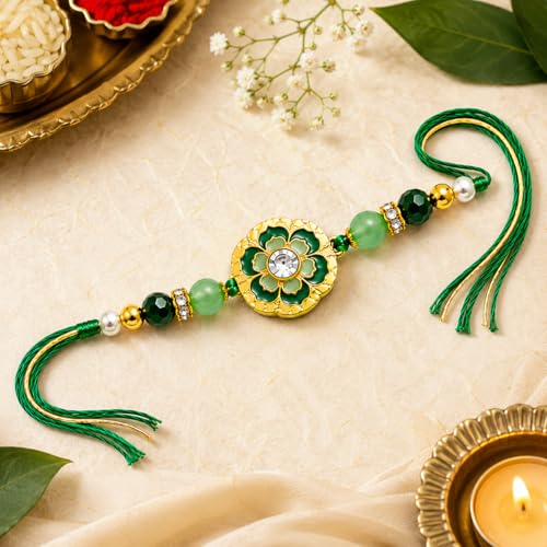 Image of JAIPUR ACE Elegant Blue inchBRO inch Designer Rakhi Gift Set with Greeting Card and Roli Chawal Pouch, Premium Brother Rakhi, Festive Raksha Bandhan Gift for Brother, Traditional (Green Elegant Rakhi)